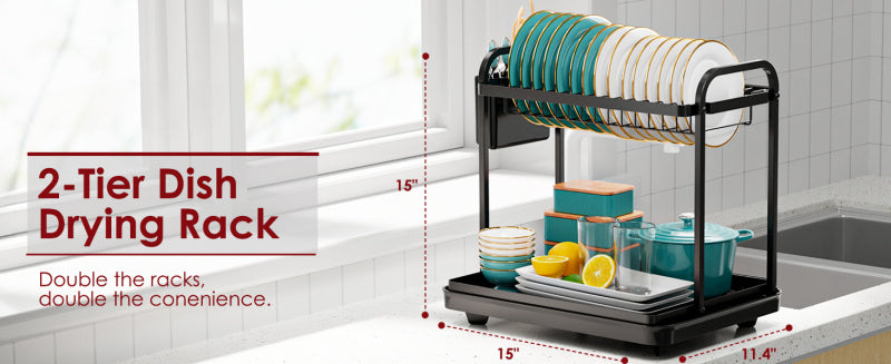 Dish Drying Rack for Kitchen Counter, 2-Tier Organizers and Storage Rack with Drainboard and Cutlery Holder