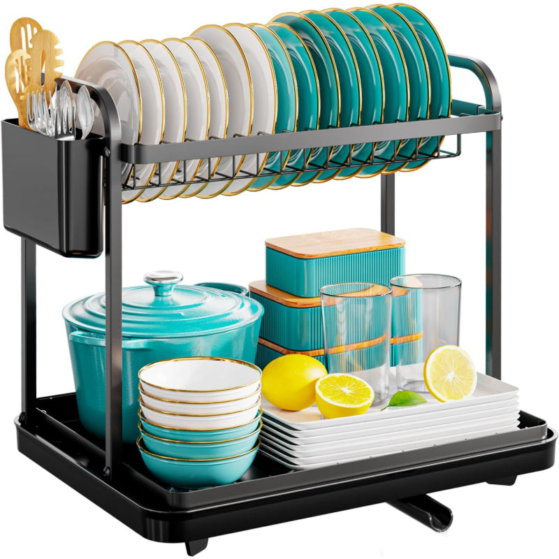 Dish Drying Rack for Kitchen Counter, 2-Tier Organizers and Storage Rack with Drainboard and Cutlery Holder
