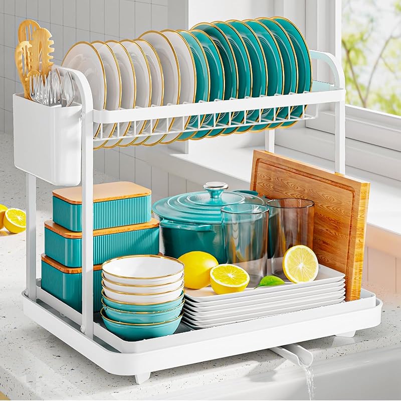 Dish Drying Rack for Kitchen Counter, 2-Tier Organizers and Storage Rack with Drainboard and Cutlery Holder