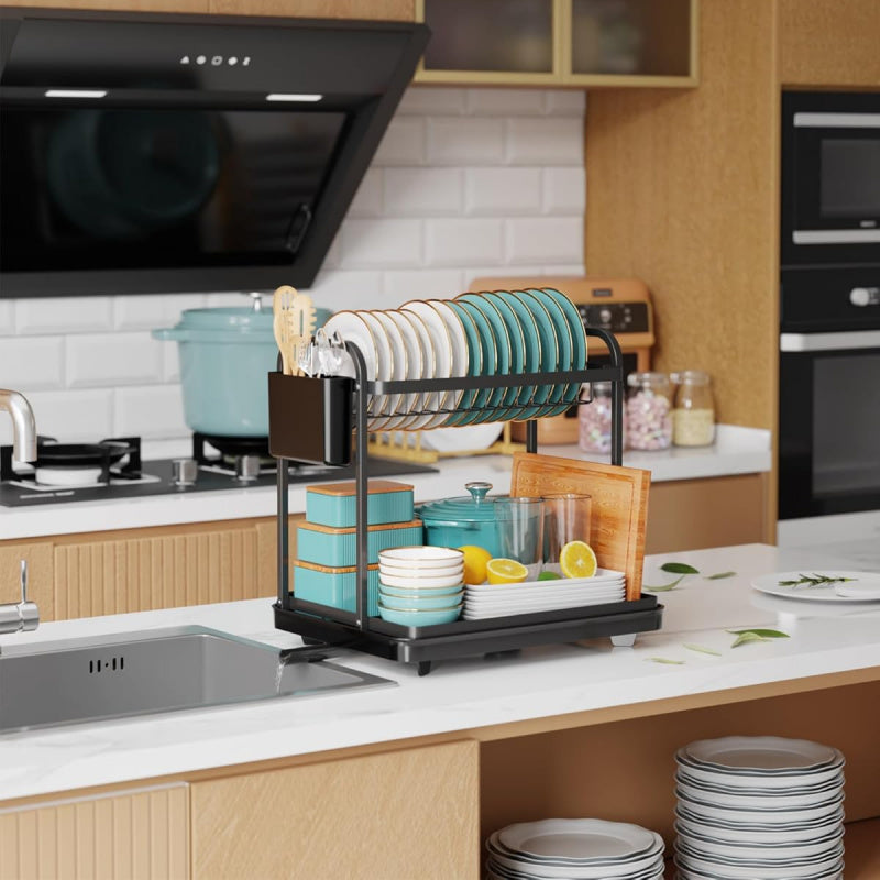 Dish Drying Rack for Kitchen Counter, 2-Tier Organizers and Storage Rack with Drainboard and Cutlery Holder
