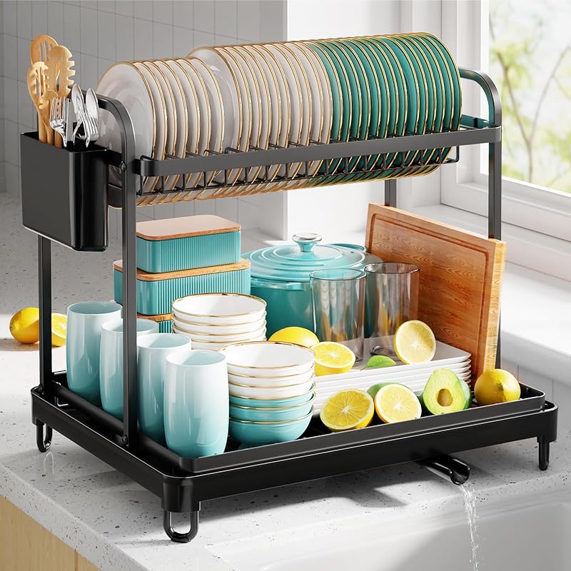 Dish Drying Rack for Kitchen Counter, 2-Tier Organizers and Storage Rack with Drainboard and Cutlery Holder