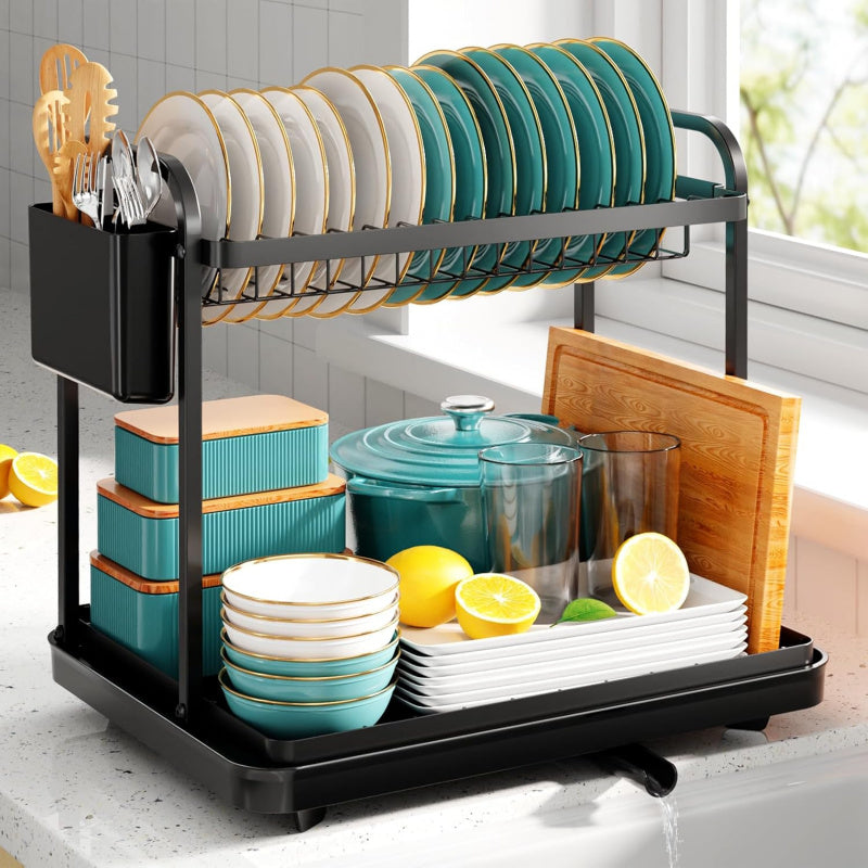 Dish Drying Rack for Kitchen Counter, 2-Tier Organizers and Storage Rack with Drainboard and Cutlery Holder