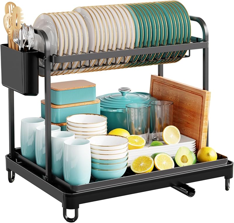 Dish Drying Rack for Kitchen Counter, 2-Tier Organizers and Storage Rack with Drainboard and Cutlery Holder
