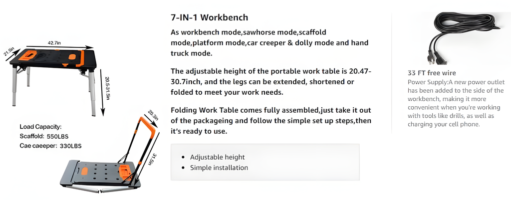 7-in-1 Rolling Foldable Workbench with Storage