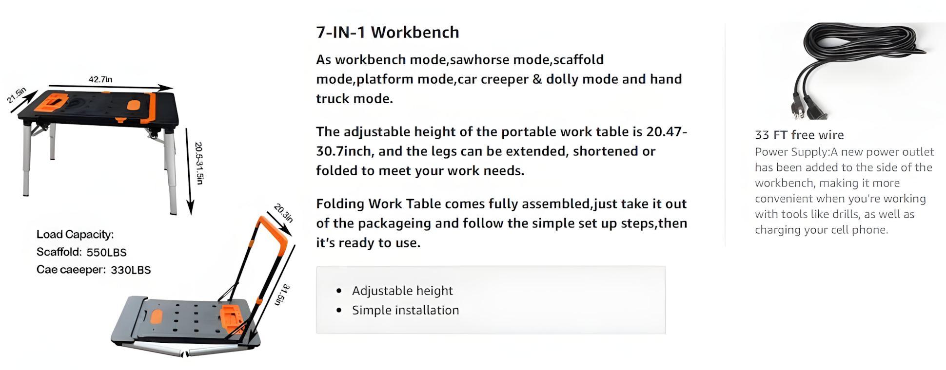 7-in-1 Rolling Foldable Workbench with Storage