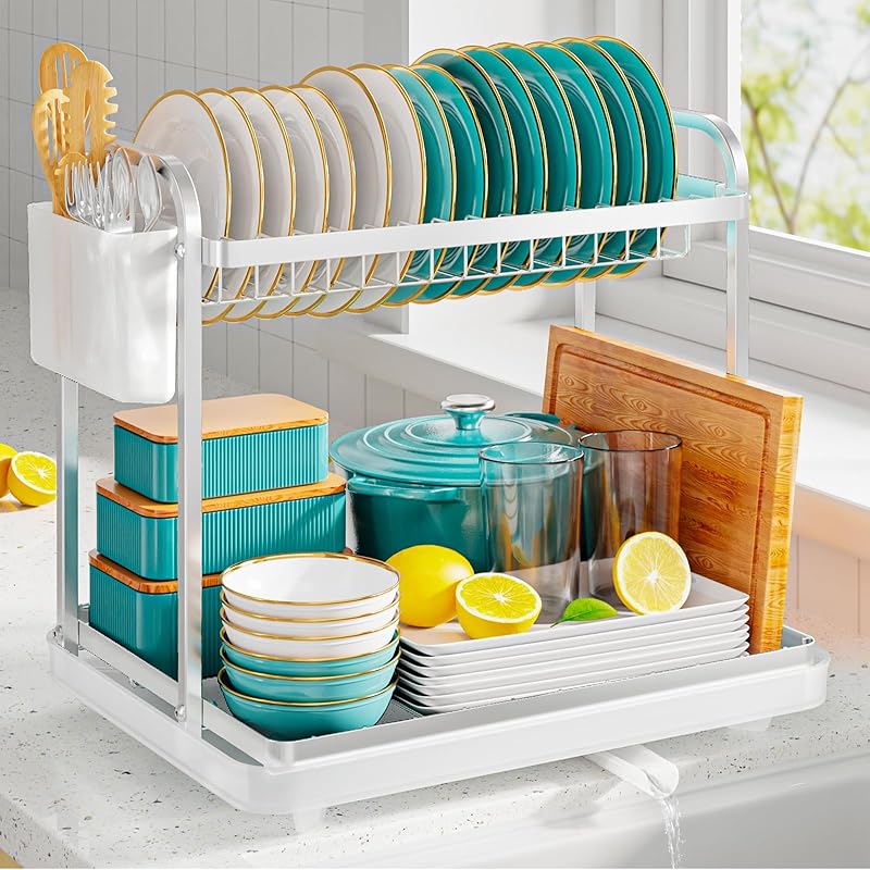 Dish Drying Rack for Kitchen Counter, 2-Tier Organizers and Storage Rack with Drainboard and Cutlery Holder