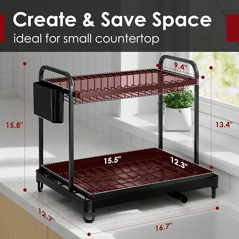 Dish Drying Rack for Kitchen Counter, 2-Tier Organizers and Storage Rack with Drainboard and Cutlery Holder