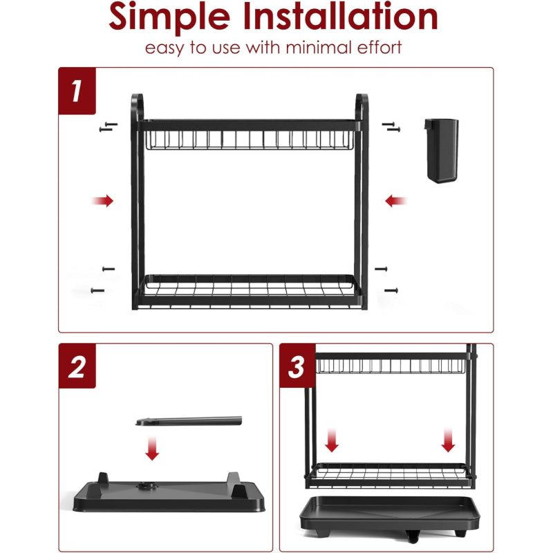 Dish Drying Rack for Kitchen Counter, 2-Tier Organizers and Storage Rack with Drainboard and Cutlery Holder