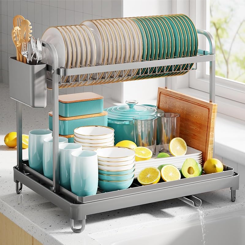 Dish Drying Rack for Kitchen Counter, 2-Tier Organizers and Storage Rack with Drainboard and Cutlery Holder