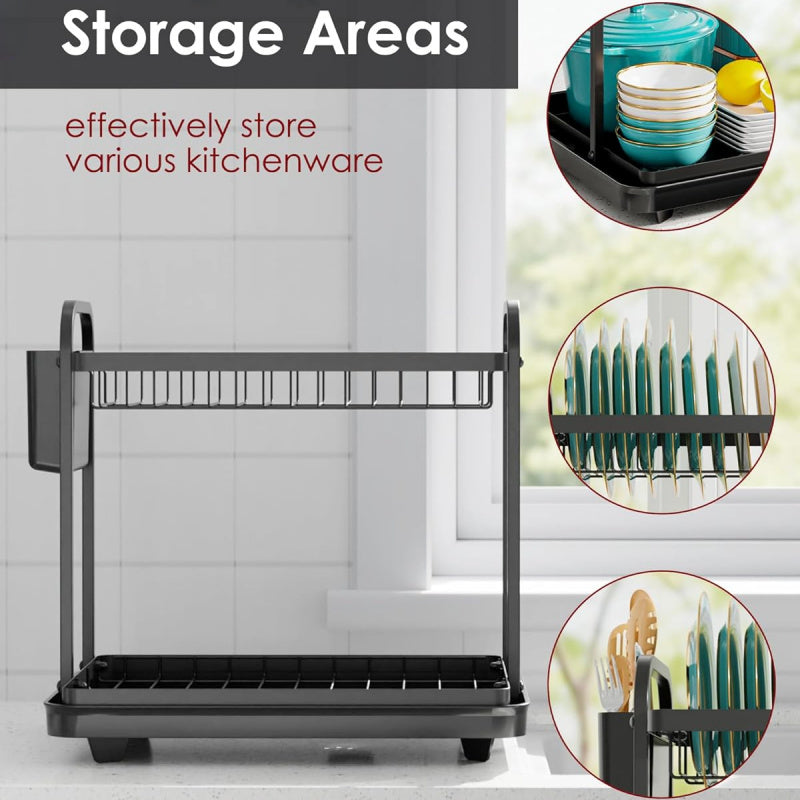 Dish Drying Rack for Kitchen Counter, 2-Tier Organizers and Storage Rack with Drainboard and Cutlery Holder