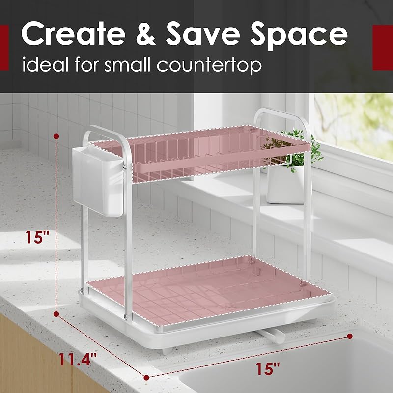 Dish Drying Rack for Kitchen Counter, 2-Tier Organizers and Storage Rack with Drainboard and Cutlery Holder