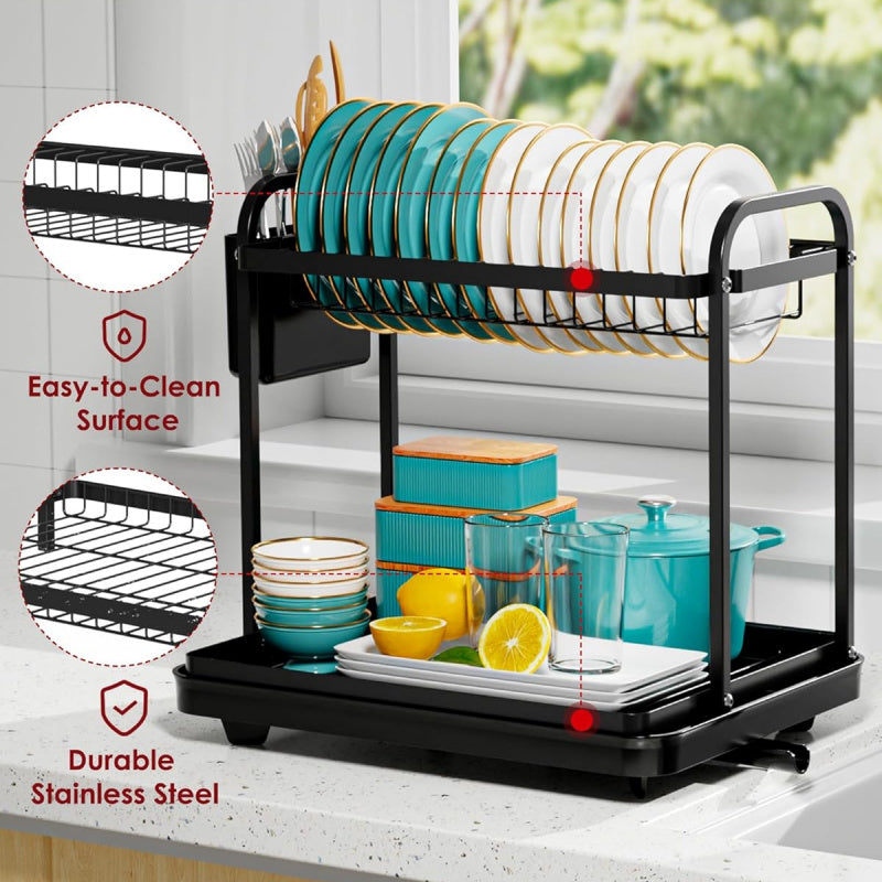 Dish Drying Rack for Kitchen Counter, 2-Tier Organizers and Storage Rack with Drainboard and Cutlery Holder
